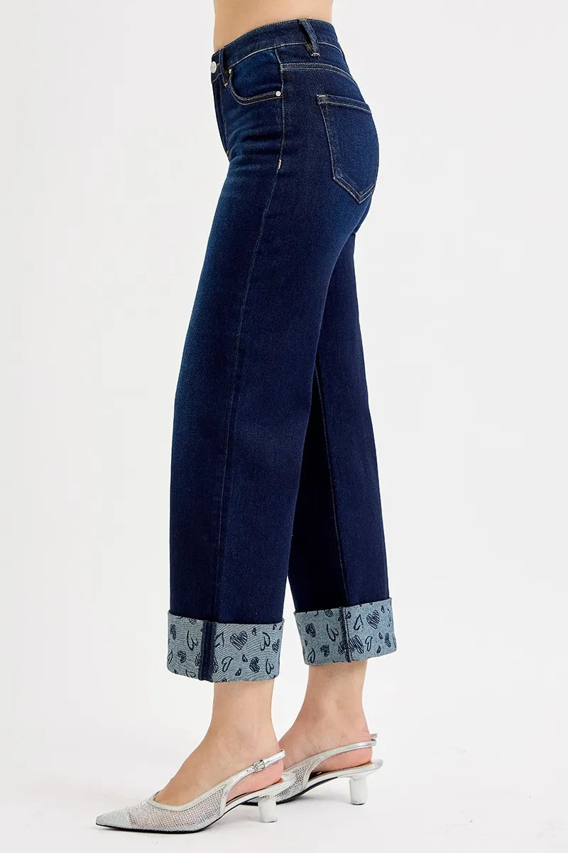 Image of RISEN Full Size Mid Rise Fit Crop Wide With Printed Cuff Jeans Plus Size | Queeble.shop
