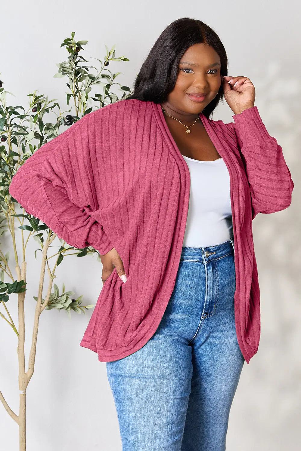 Image of Basic Bae Full Size Ribbed Cocoon Cardigan | Queeble.shop
