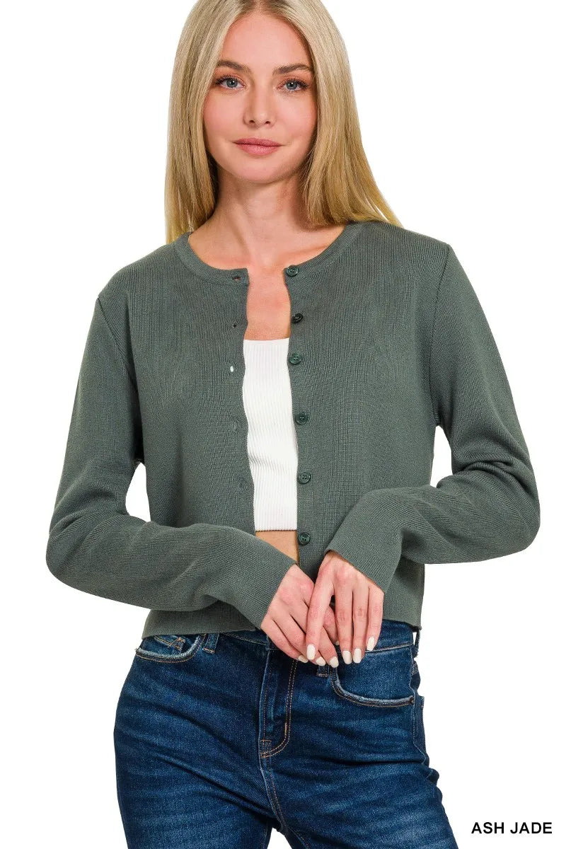 Image of Zenana Button-Front Crewneck Long Sleeve Cropped Cardigan | Queeble.shop