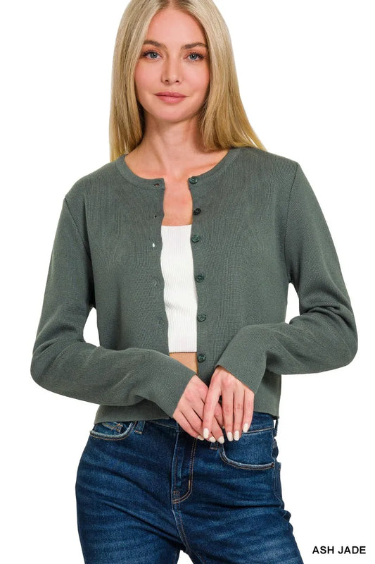 Image of Zenana Button-Front Crewneck Long Sleeve Cropped Cardigan | Queeble.shop