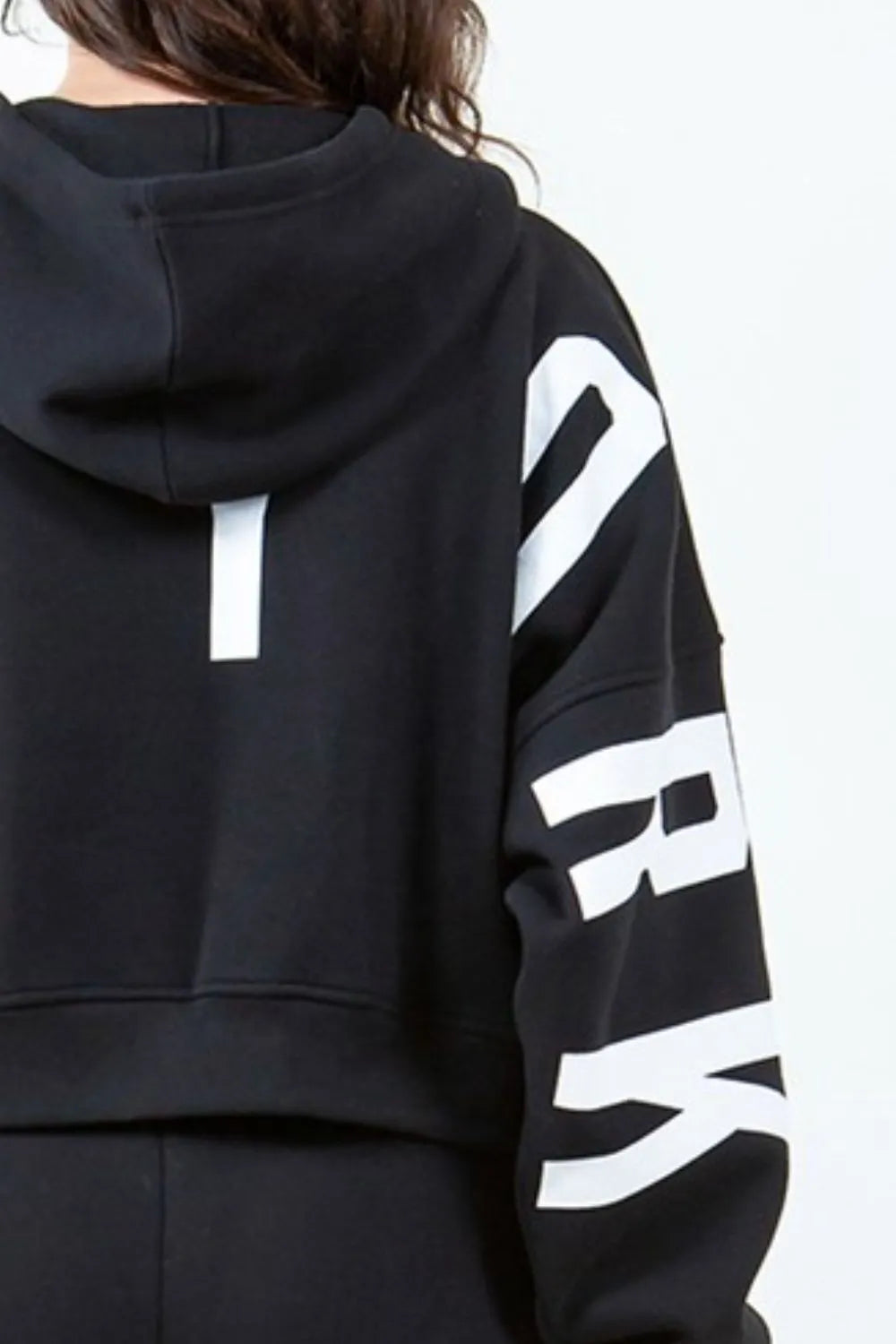 Image of American Bazi Letter Graphic Long Sleeve Drawstring Cropped Hoodie | Queeble.shop