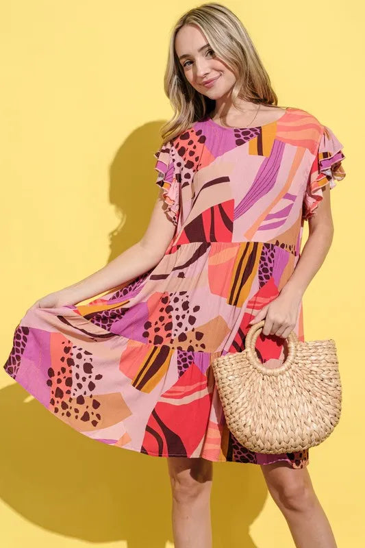 Image of And The Why Printed Double Ruffles Sleeve Dress | Queeble.shop