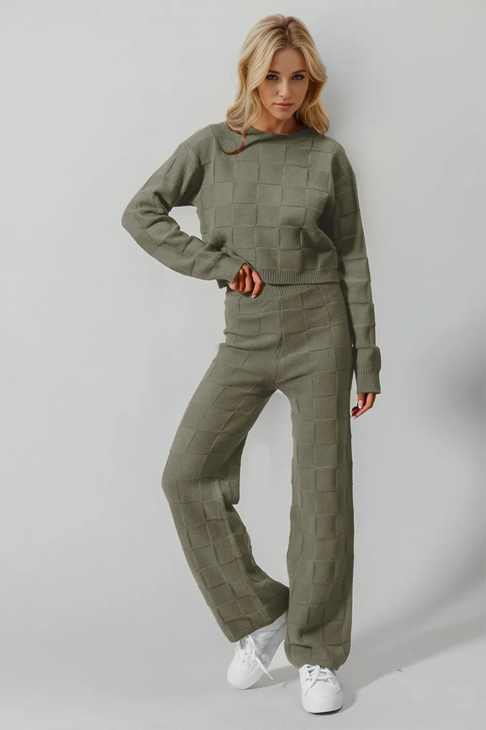 Image of Double Take Full Size Checkered Round Neck Top and Pants Set | Queeble.shop