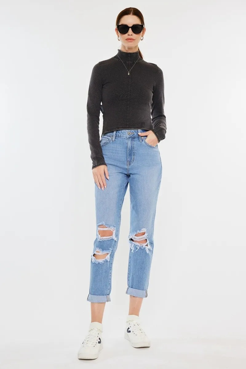 Image of Kancan High Rise Distressed Mom Jeans | Queeble.shop