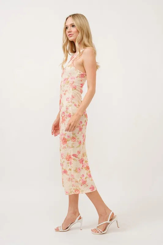 Image of And The Why Floral Fishnet Bodycon Midi Dress | Queeble.shop