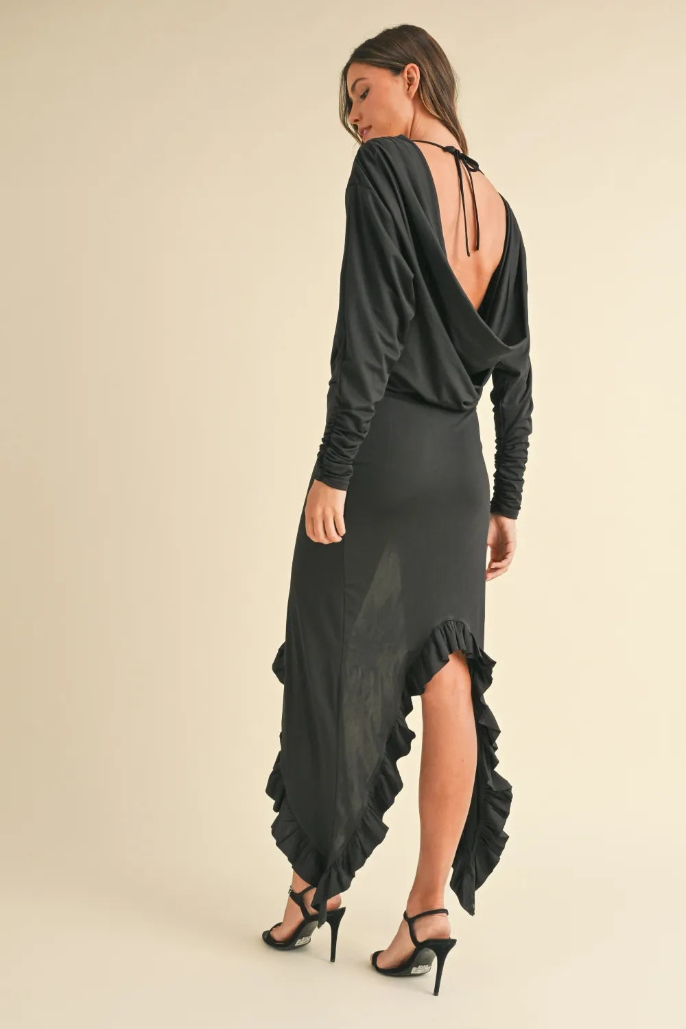Image of Mable Backless Asymmetric Ruffle Hem Dress | Queeble.shop