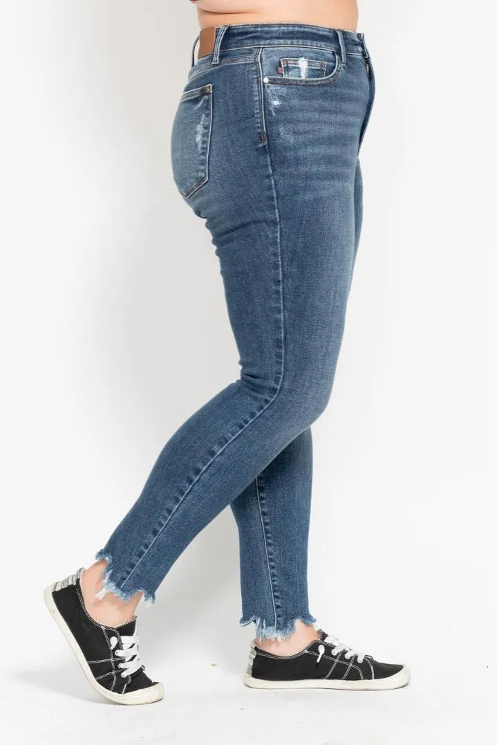 Image of Judy Blue Plus Size High Waist Skinny with Destroy & Shark Bit Hem | Queeble.shop
