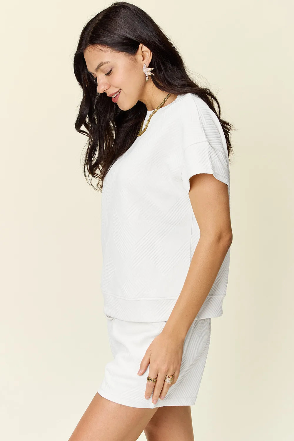 Image of Double Take Full Size Texture Short Sleeve T-Shirt and Drawstring Shorts Set | Queeble.shop