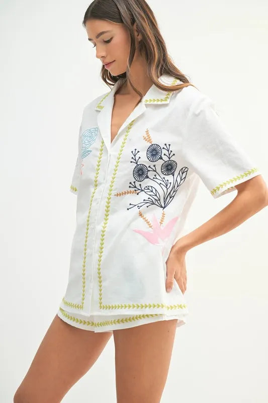 Image of MABLE Embroidered Button Down Shirt and Shorts Set | Queeble.shop