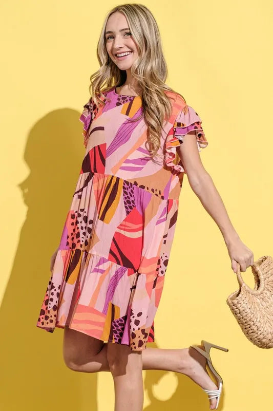 Image of And The Why Printed Double Ruffles Sleeve Dress | Queeble.shop