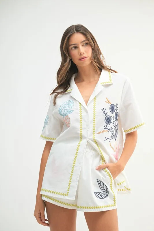 Image of MABLE Embroidered Button Down Shirt and Shorts Set | Queeble.shop