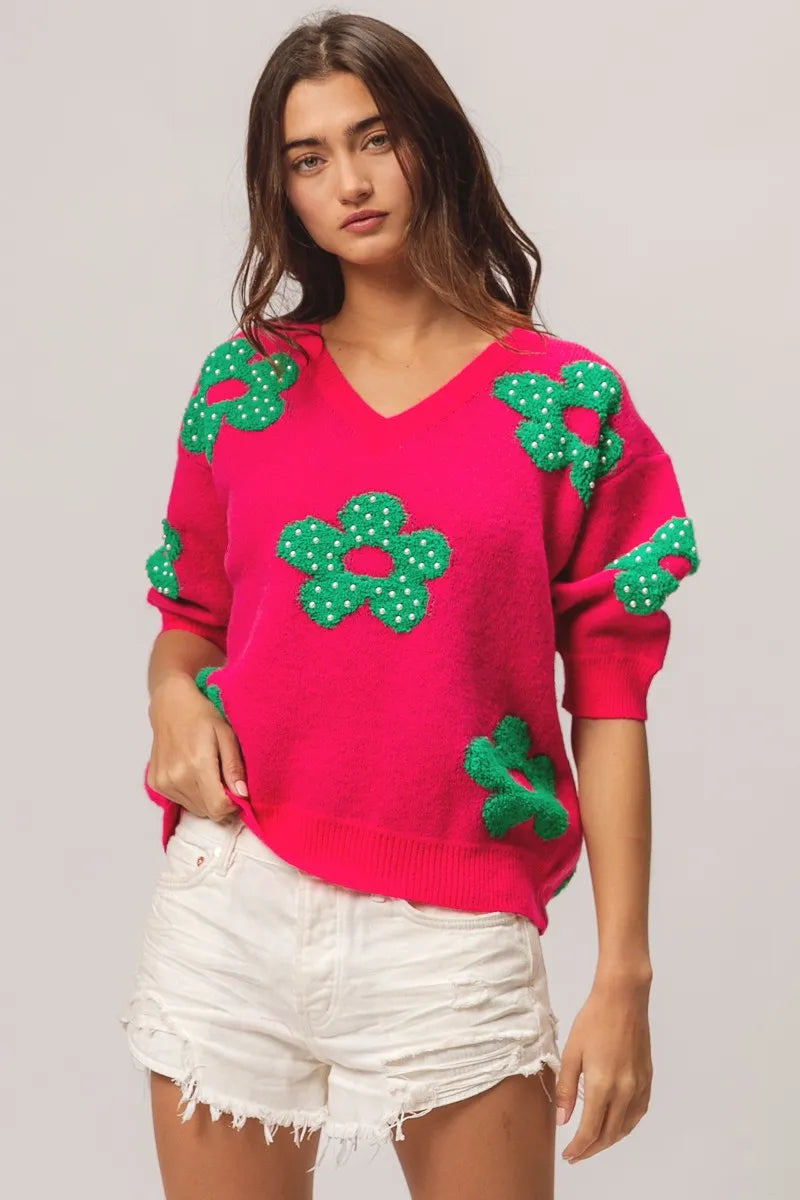 Image of BiBi Pearl Beads Flowers Sweater Top | Queeble.shop