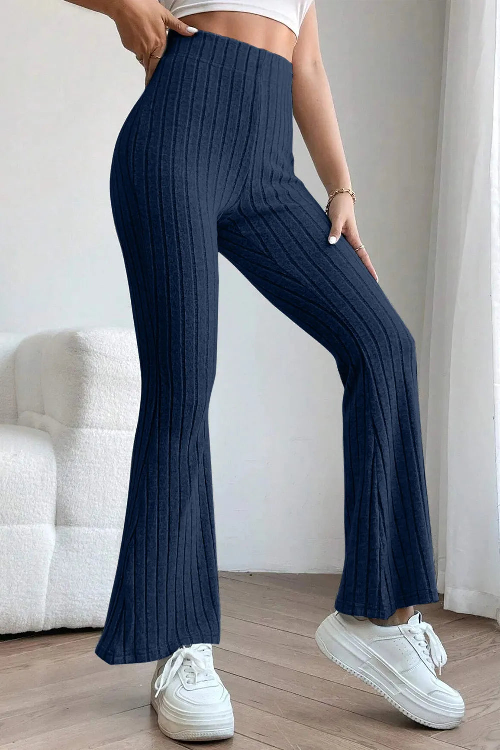 Image of Basic Bae Full Size Ribbed High Waist Flare Pants | Queeble.shop