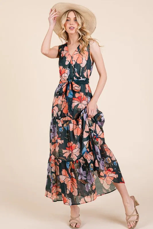 Image of Lime 'N' Chili Floral Print Sleeveless Tie Waist Maxi Dress | Queeble.shop