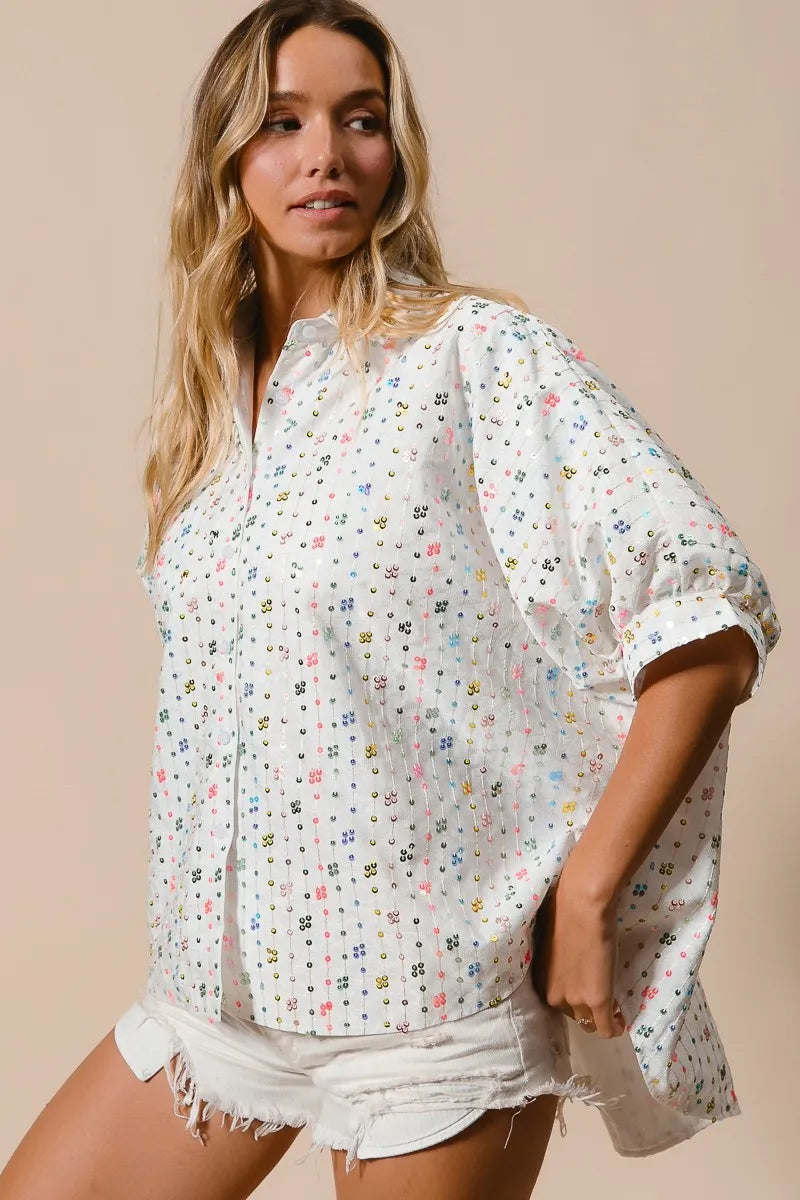 Image of BiBi Sequin Striped Short Dolman Sleeve Blouse | Queeble.shop