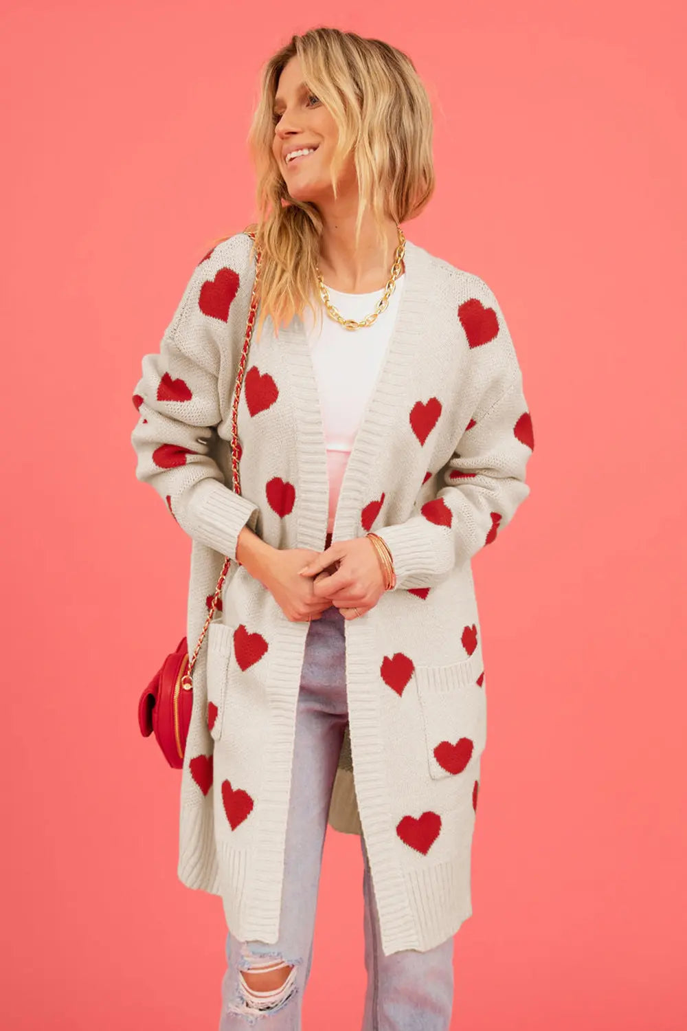 Image of Heart Graphic Open Front Cardigan with Pockets | Queeble.shop