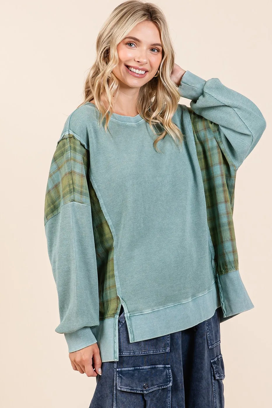 Image of Mittoshop Plaid Panel Mineral Wash French Terry Sweatshirt | Queeble.shop