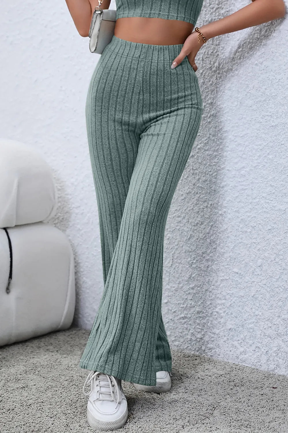 Image of Basic Bae Full Size Ribbed High Waist Flare Pants | Queeble.shop