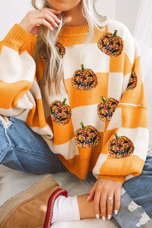 Image of Pumpkin Checkered Round Neck Long Sleeve Sweater | Queeble.shop