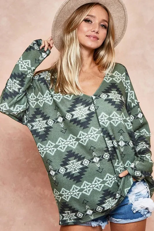 Image of BiBi Aztec Print Brushed Out Stitching Detailed Top | Queeble.shop