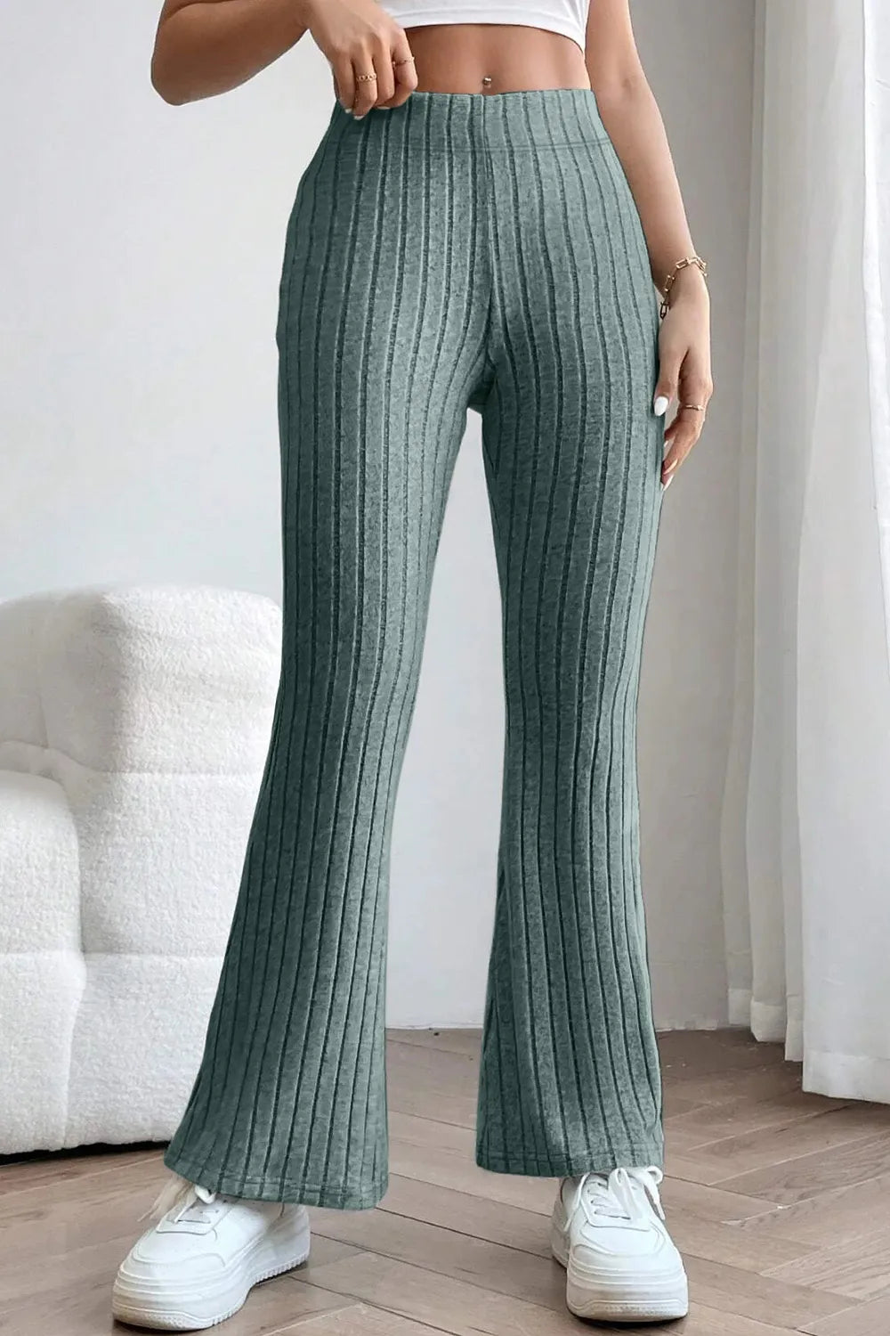 Image of Basic Bae Full Size Ribbed High Waist Flare Pants | Queeble.shop