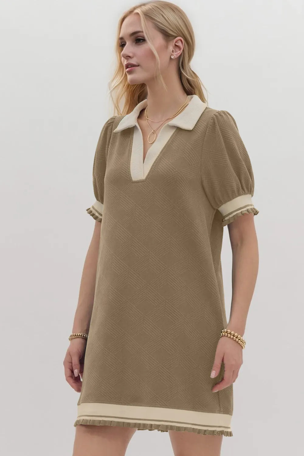 Image of Oh Frill Contrast Trim Johnny Collar Short Sleeve Mini Dress | Queeble.shop