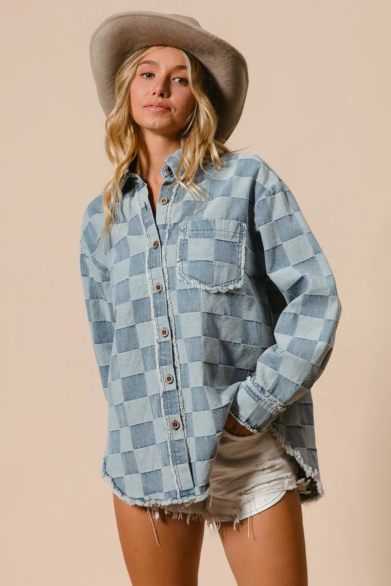 Image of BiBi Frayed Edged Detail Washed Checker Denim Shirt | Queeble.shop