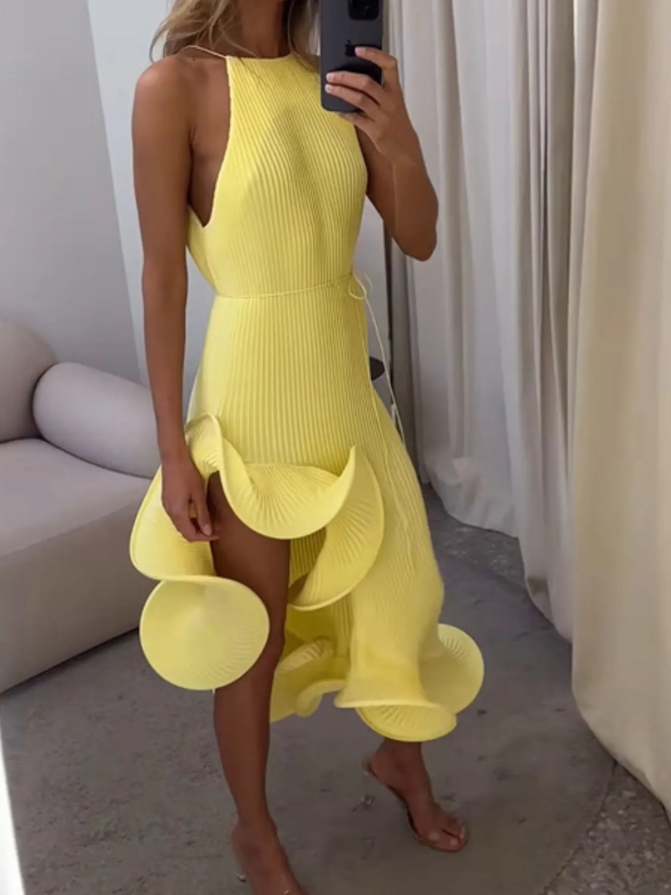 Image of Ruffle Hem Ribbed Sleeveless Dress | Queeble.shop