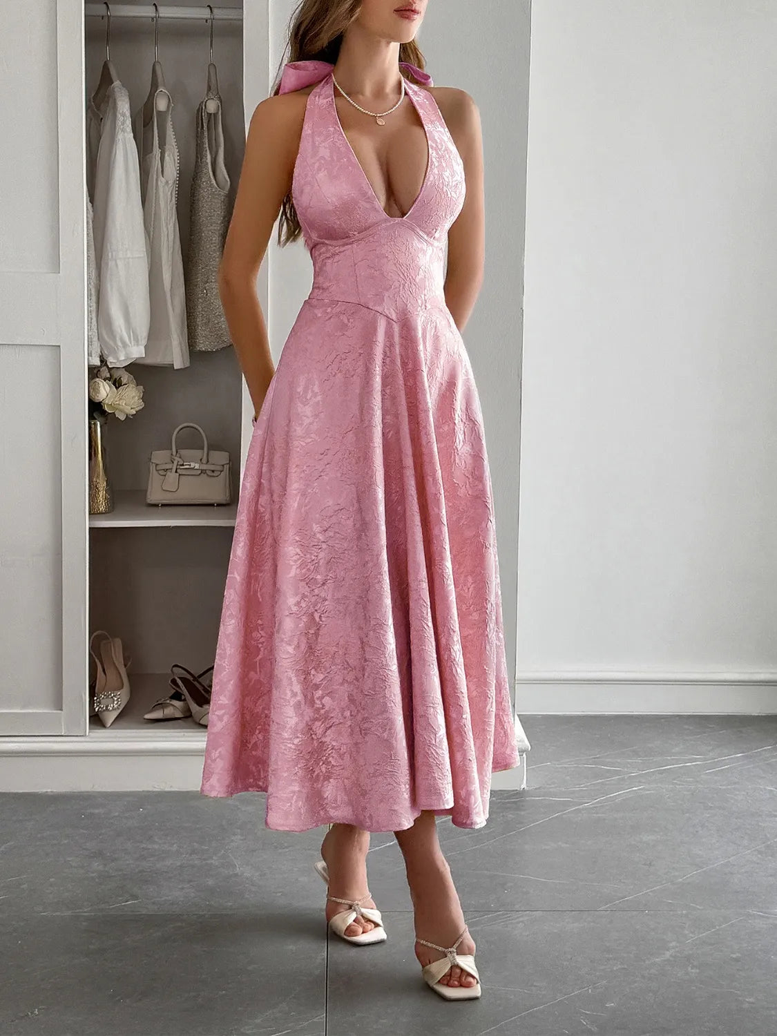 Image of Halter Neck Midi Dress with Pockets | Queeble.shop
