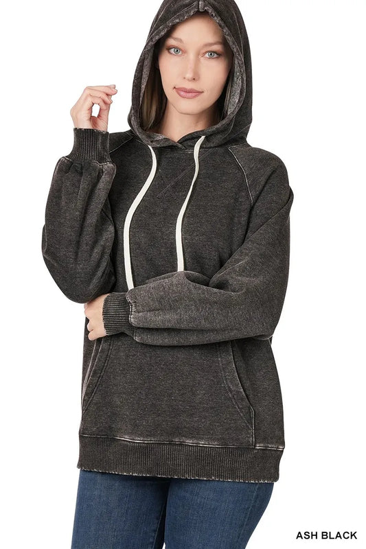 Image of Zenana Acid Wash Fleece Hoodie with Drawstring | Queeble.shop