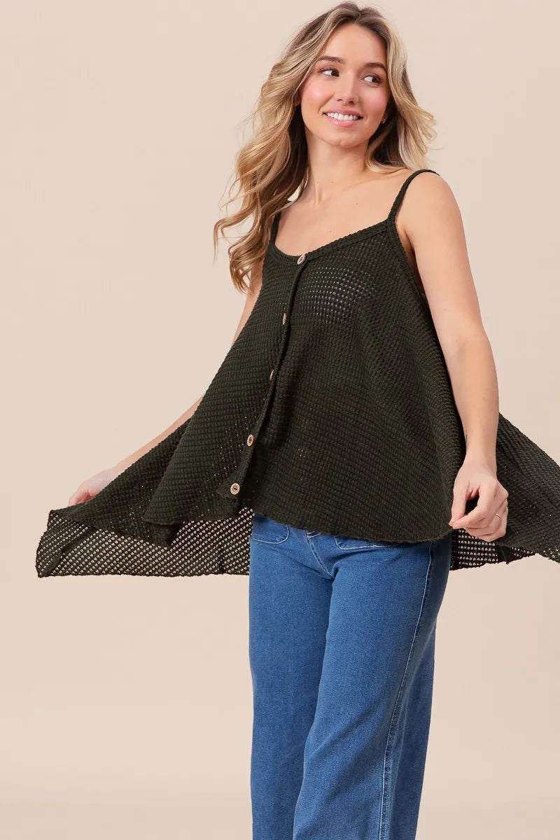 Image of BiBi Popcorn Waffle Knit with Buttoned Front Cami Top | Queeble.shop