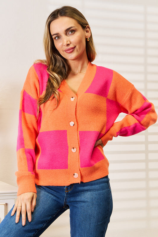 Image of Angel Wings Woven Right Checkered V-Neck Dropped Shoulder Cardigan | Queeble.shop