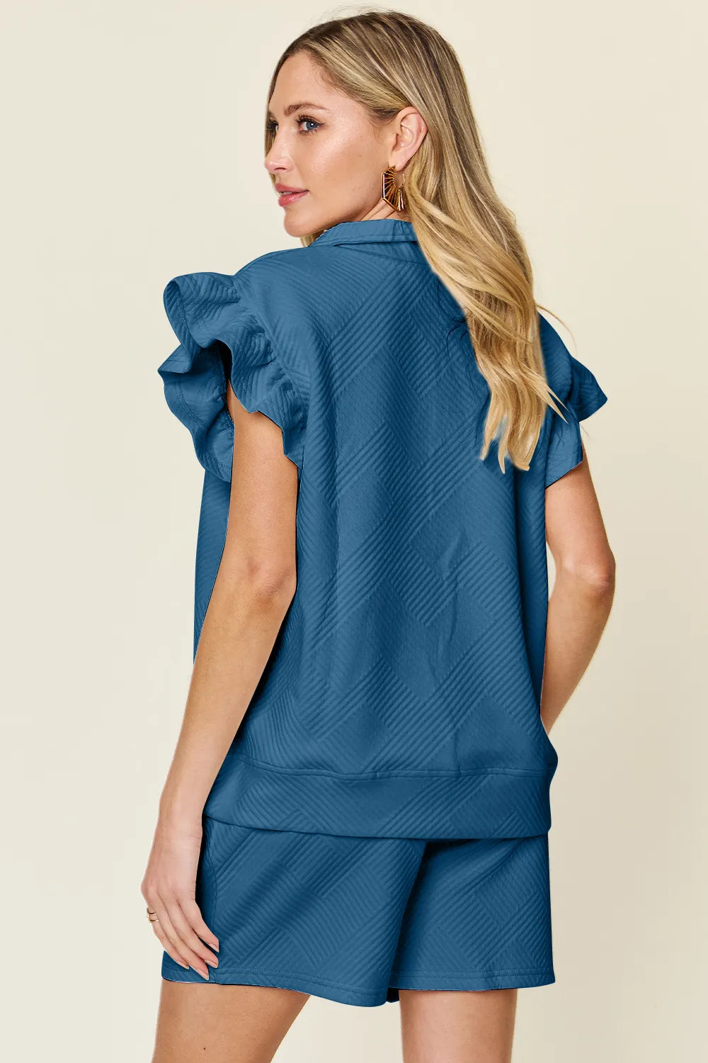 Image of Double Take Full Size Texture Flounce Sleeve Top and Drawstring Shorts Set | Queeble.shop