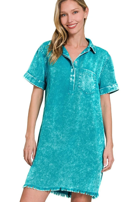 Image of Zenana Tencel Mineral Washed Collared Shirts Dress | Queeble.shop