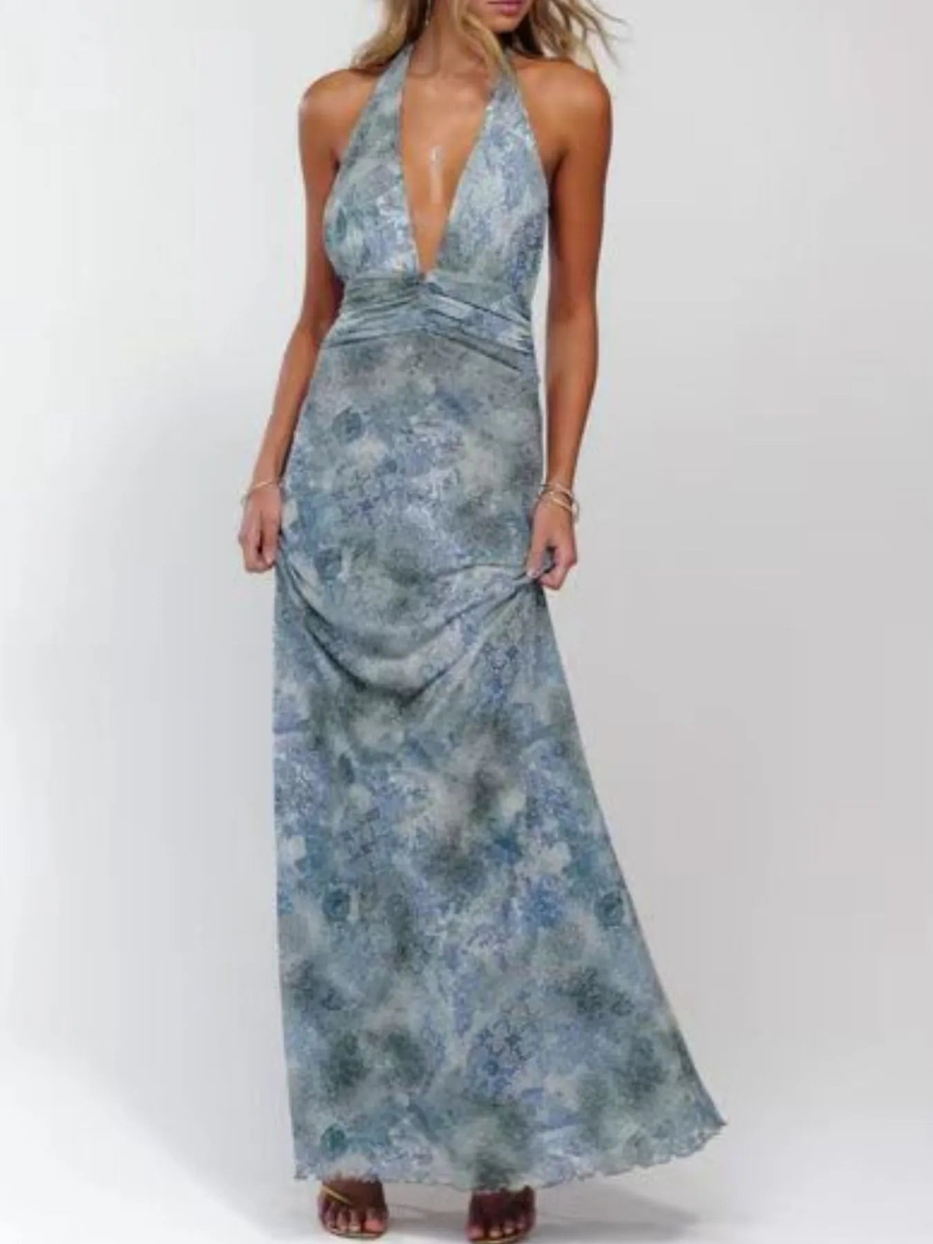 Image of Floral Halter Neck Deep V Maxi Dress | Queeble.shop