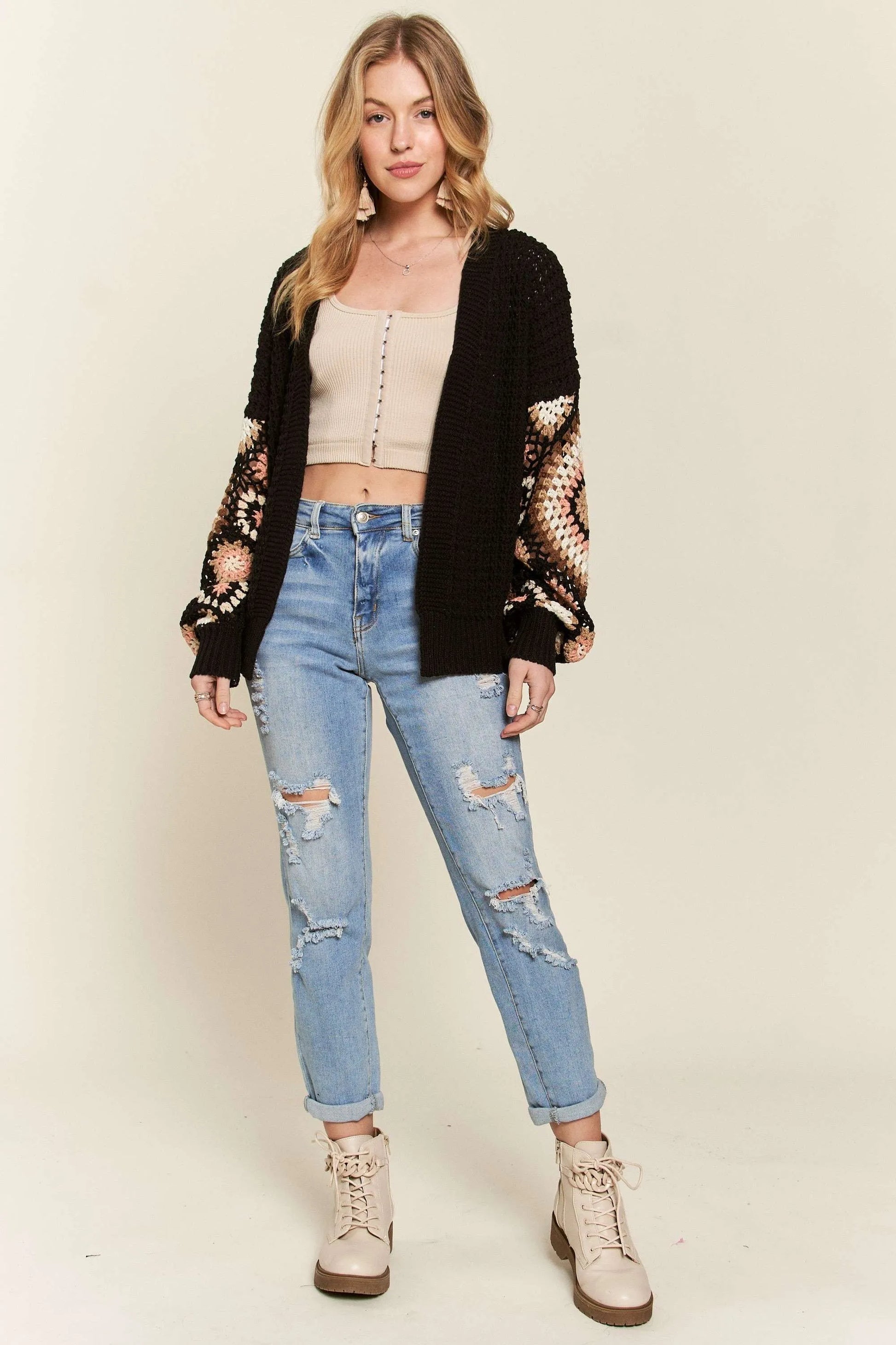 Image of ADORA Multi Color Sleeve Crochet Cardigan | Queeble.shop