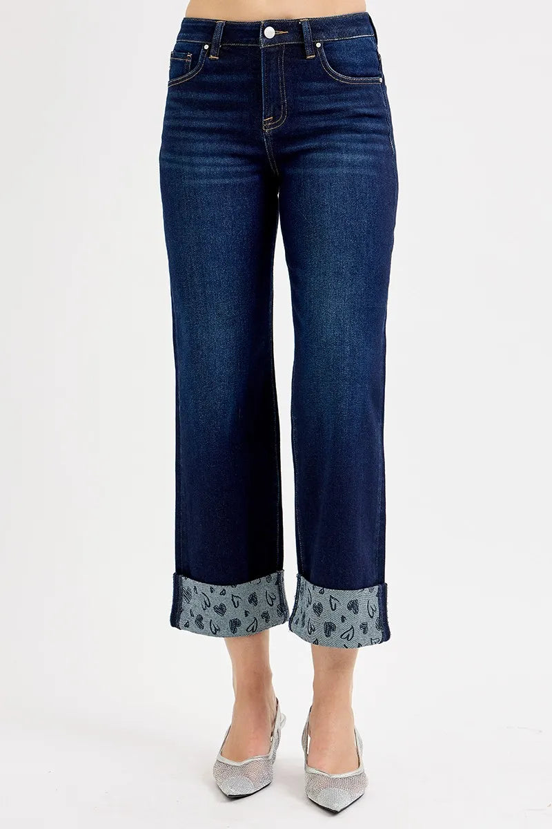 Image of RISEN Full Size Mid Rise Fit Crop Wide With Printed Cuff Jeans Plus Size | Queeble.shop