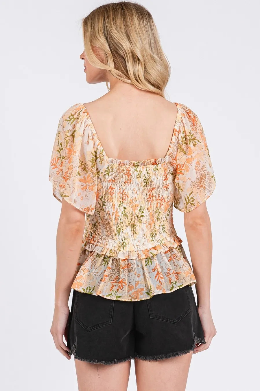 Image of Mittoshop Floral Chiffon Smocked Square Neck Peplum Top | Queeble.shop