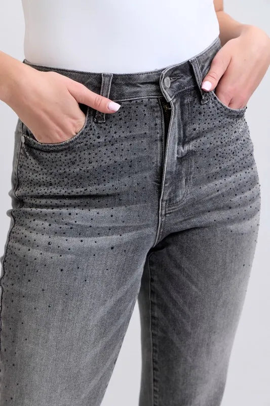 Image of Judy Blue Full Size High Waist Rhinestone Straight Jeans Plus Size | Queeble.shop