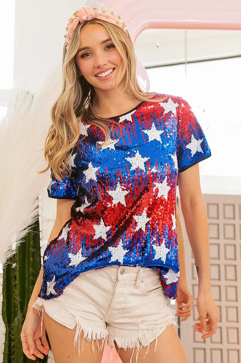 Image of BiBi American Theme Star Pattern Sequin Top | Queeble.shop