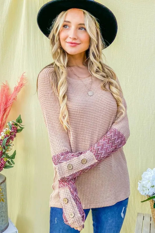 Image of And The Why Button Detail Printed Sleeve Waffle Knit Top | Queeble.shop