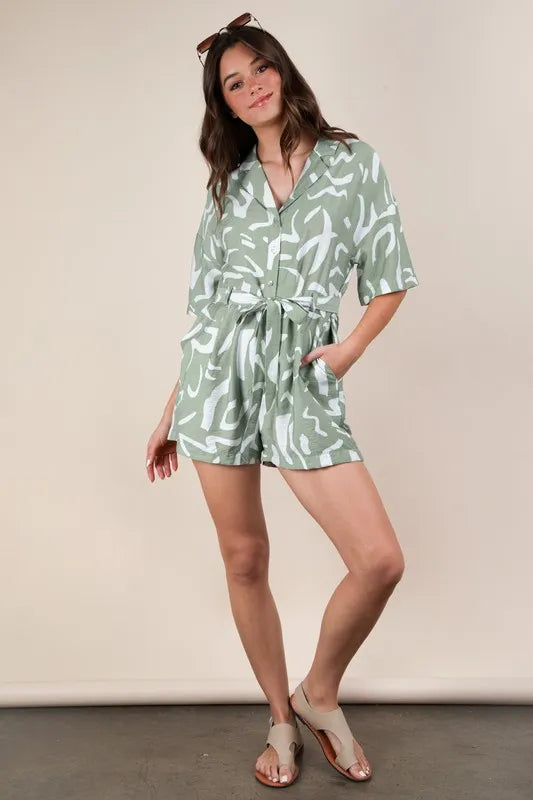 Image of VERY J Oversized Printed Button Down Resort Romper | Queeble.shop