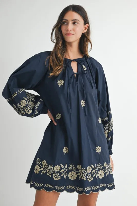 Image of MABLE Embroidered Long Sleeve Peasant Mini Dress | Queeble.shop