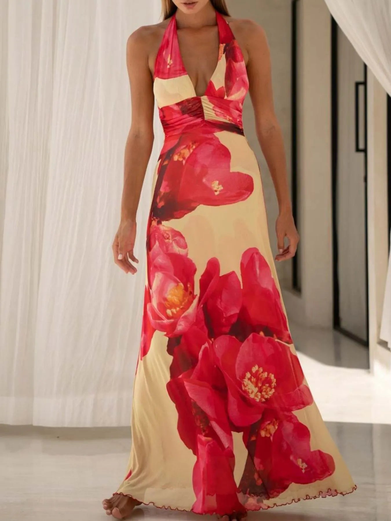 Image of Floral Halter Neck Deep V Maxi Dress | Queeble.shop