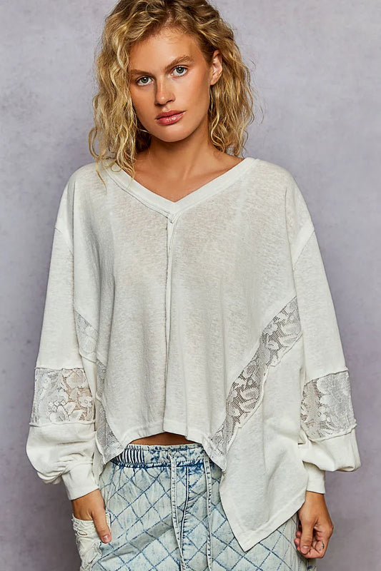 Image of POL V-Neck Long Sleeve T-Shirt with Lace Detail | Queeble.shop