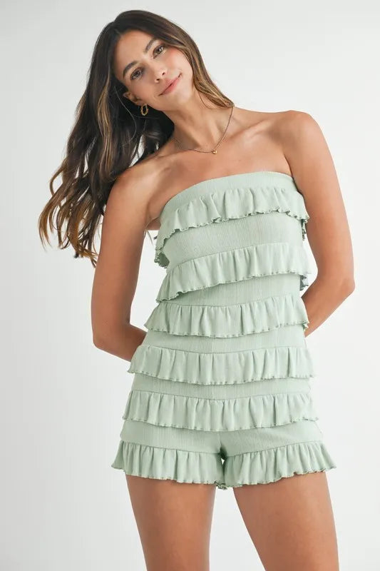 Image of MABLE Pointelle Knit Fabric Ruffled Tube Romper | Queeble.shop
