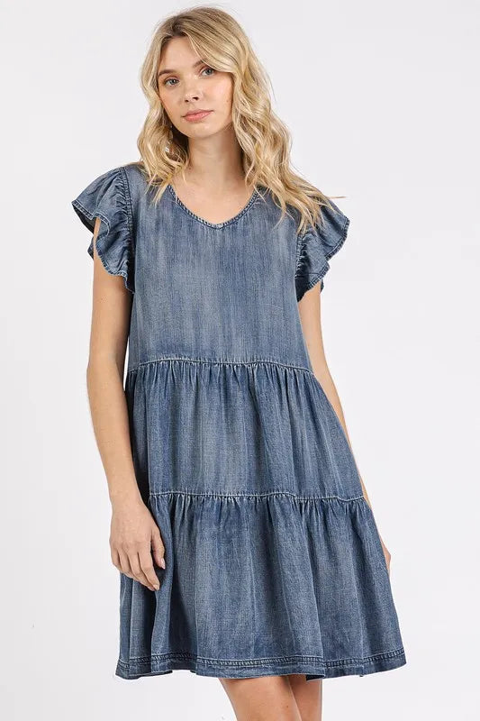 Image of Mittoshop V-Neck Ruffled Cap Sleeve Mini Dress | Queeble.shop