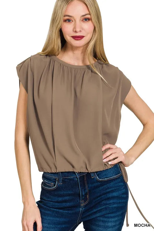 Image of Zenana Woven Drawstring Tie Side Sleeveless Top | Queeble.shop