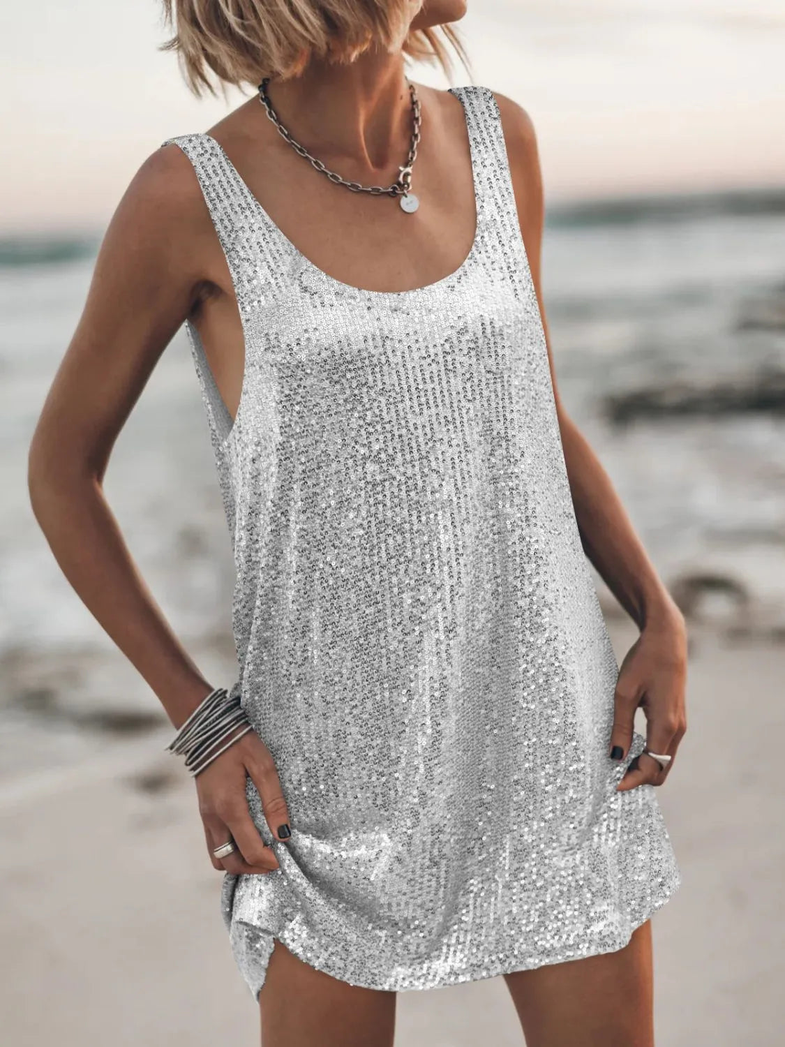 Image of Sequin Scoop Neck Mini Dress | Queeble.shop