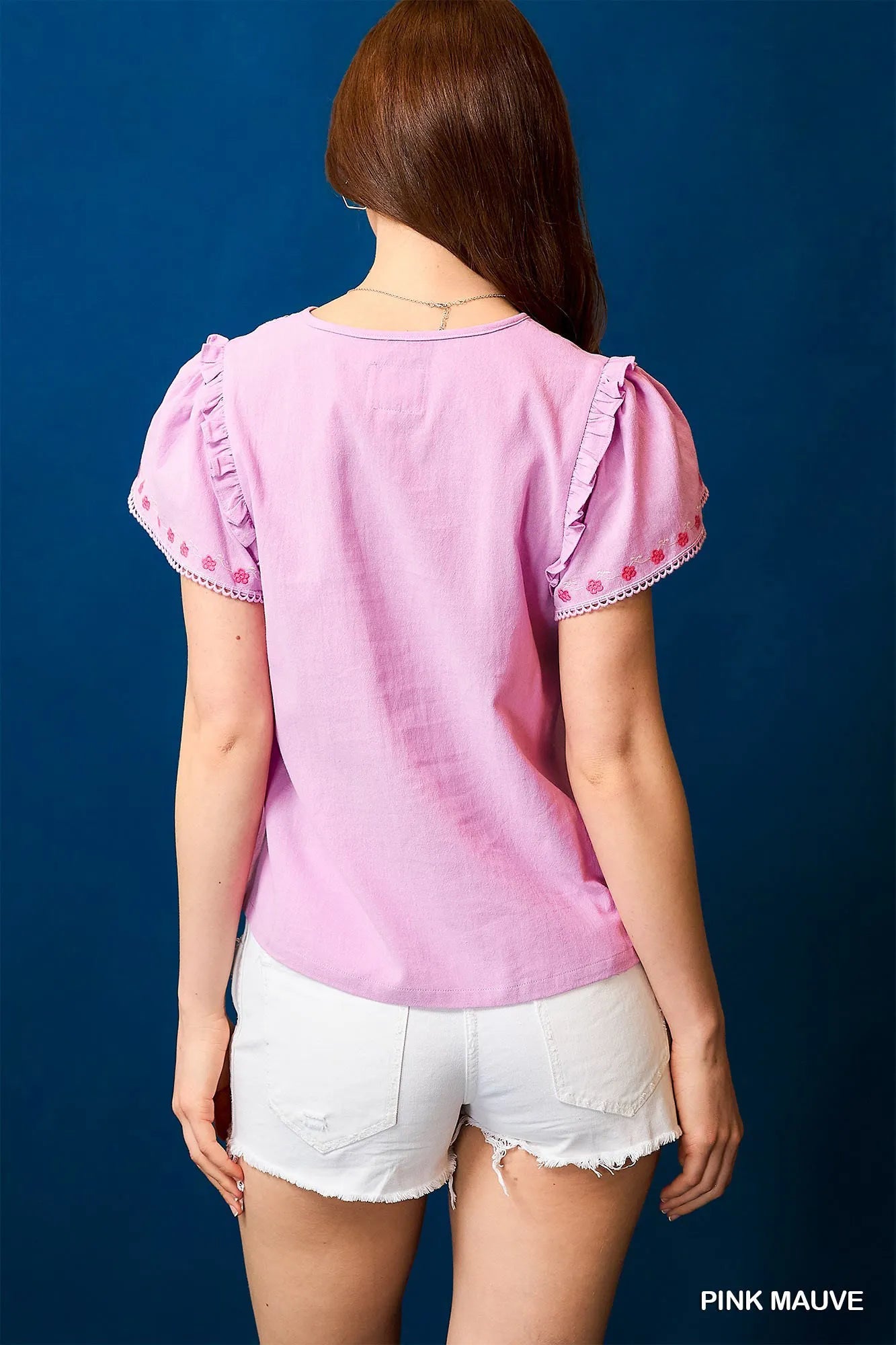 Image of Umgee Floral Embroidered Tie Neck Short Sleeve Blouse | Queeble.shop